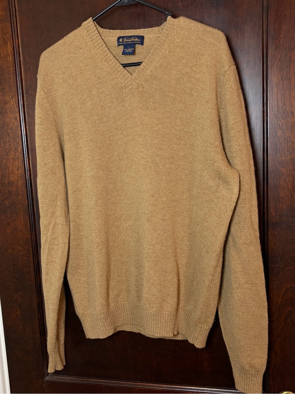 Vintage Brooks Brothers Men’s Lambswool Sweater Size Large Camel Tan V-neck 90s
